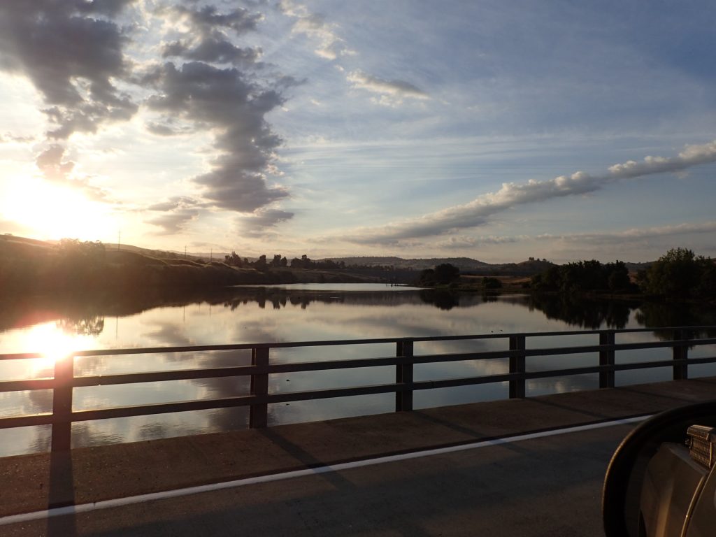 Crossing the Merced River at the Hornitos Road Bridge. Sun coming up.